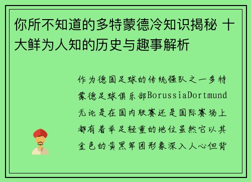 你所不知道的多特蒙德冷知识揭秘 十大鲜为人知的历史与趣事解析