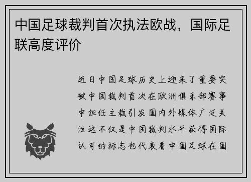中国足球裁判首次执法欧战，国际足联高度评价