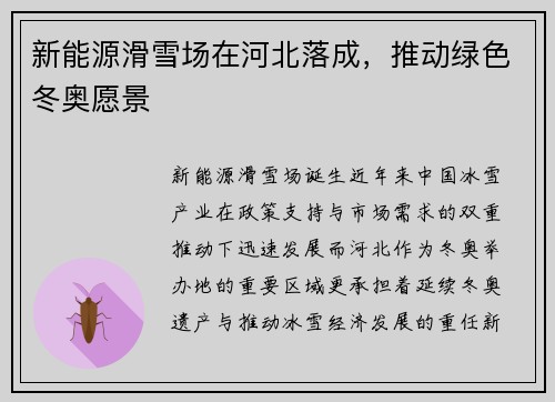 新能源滑雪场在河北落成，推动绿色冬奥愿景